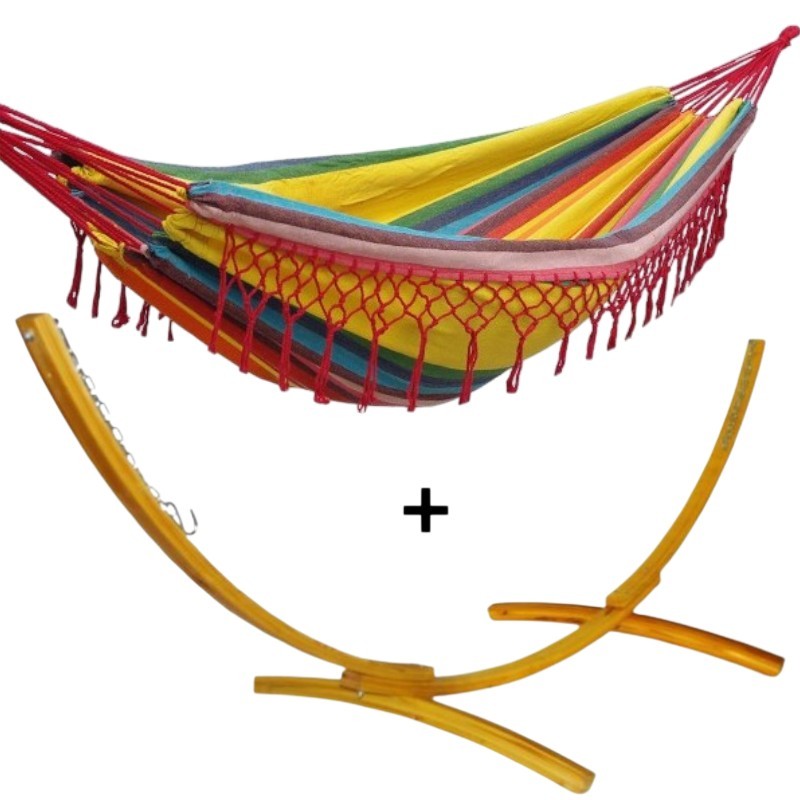Ensemble support bois avec son hamac simple frange été