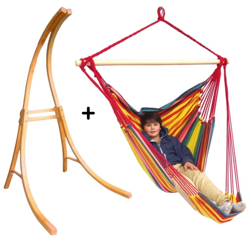 Support bois avec hamac chaise géant Martinique rouge