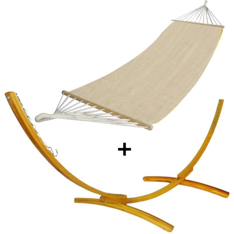 Hamac à barre Andalousie avec son pied en bois de mélèze Hamac à barre Andalousie avec son pied en bois de mélèze