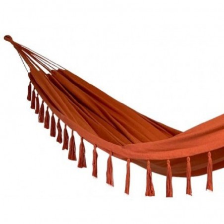 Hamac duo à pompons orange sur support en bois