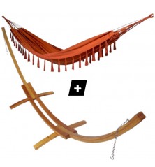 Hamac duo à pompons orange sur support en bois