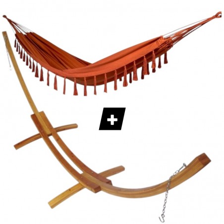 Hamac duo à pompons orange sur support en bois