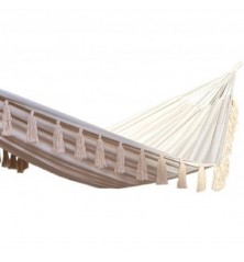 Hamac duo à pompons écru sur support en bois