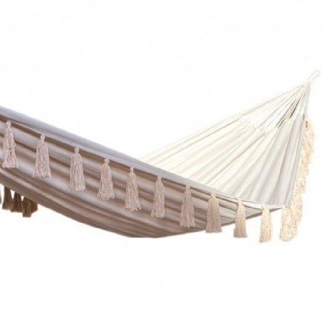 Hamac duo à pompons écru sur support en bois