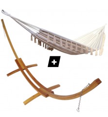 Hamac duo à pompons écru sur support en bois