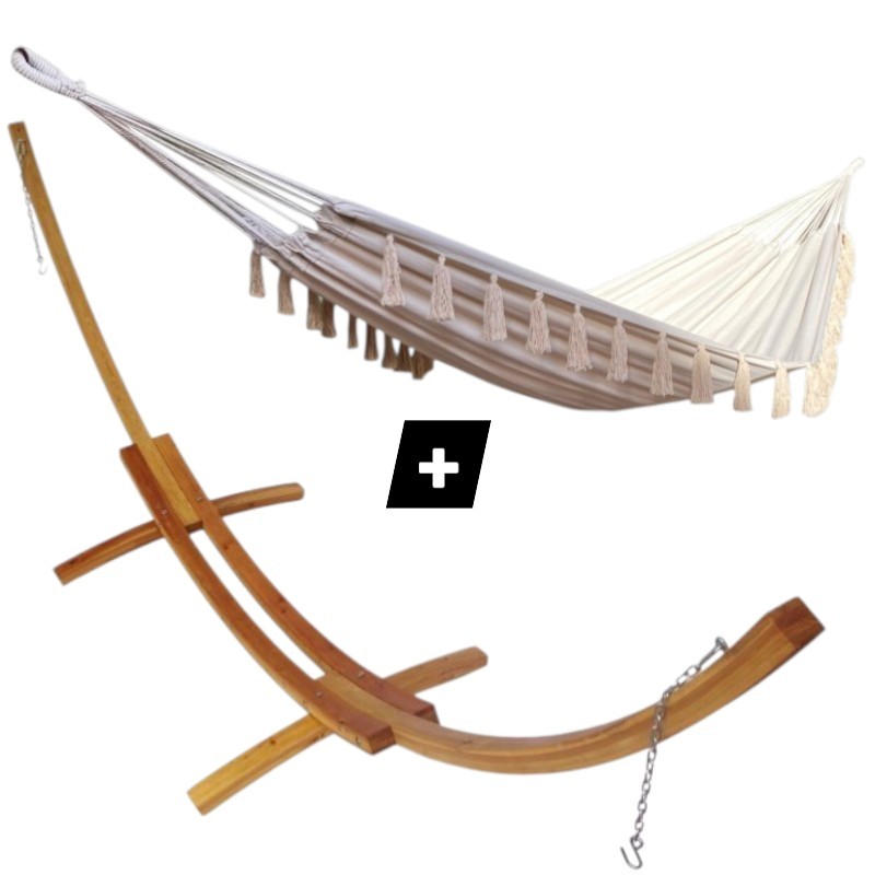 Hamac duo à pompons écru sur support en bois