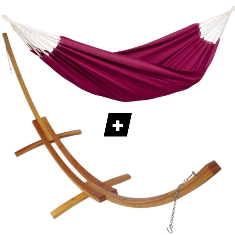 Hamac double Brésil bordeaux sur support en bois