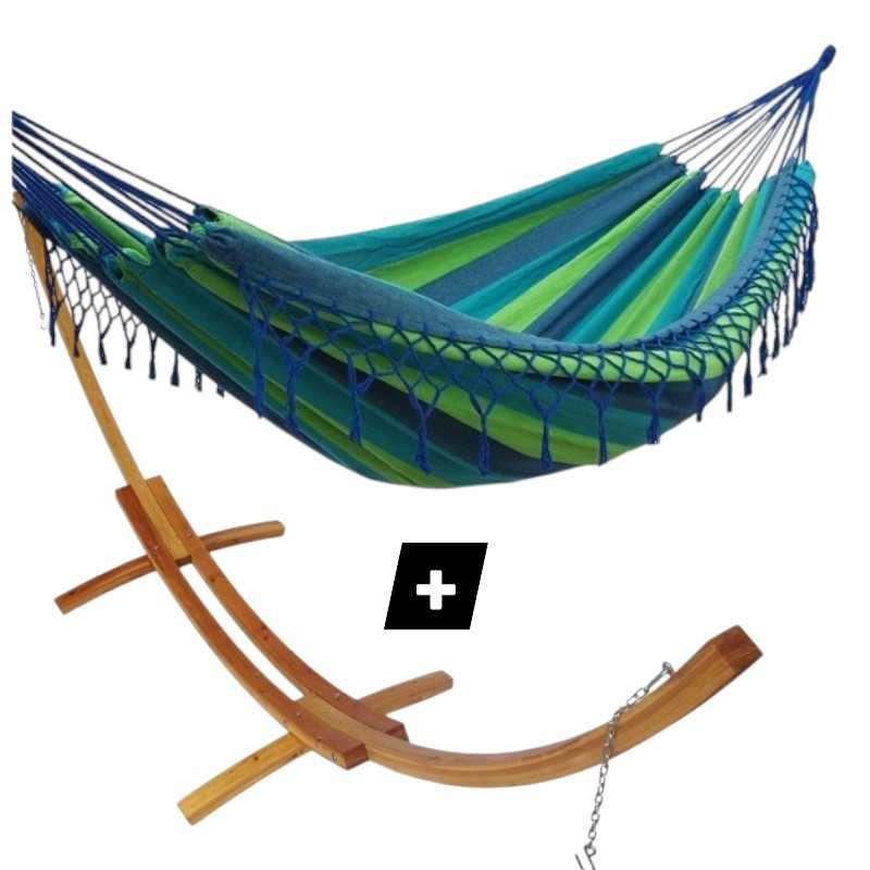Hamac franges Chelles avec support double en bois