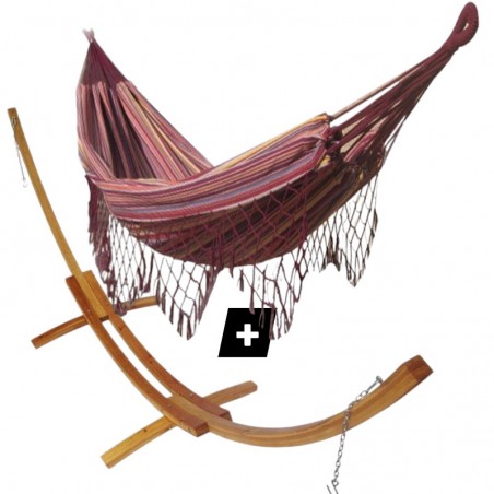 Hamac frange confort violet avec support double en bois