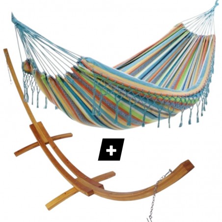 Hamac frange Dortmund avec support double en bois