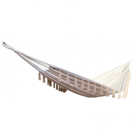 Pied de hamac en bois avec hamac à pompons écru