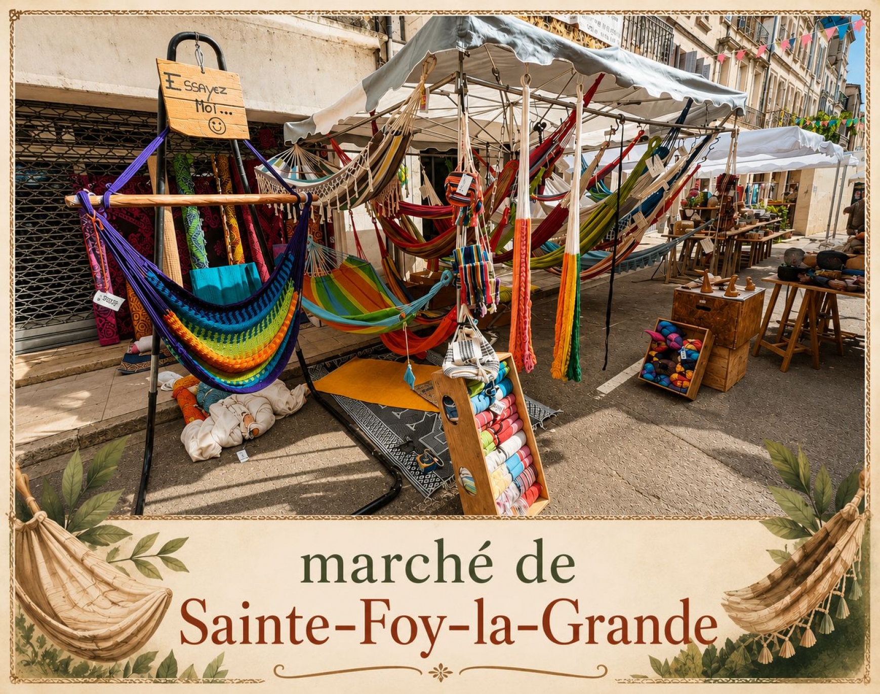 Nos hamacs au marché de Sainte-Foy-la-Grande, chaque samedi
