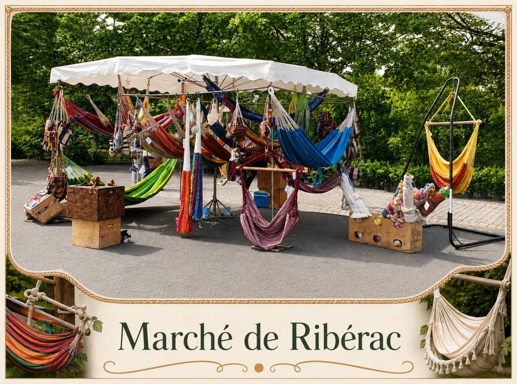 Marché de Ribérac : notre stand de hamac vous accueille le vendredi